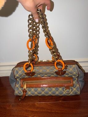 MARC JACOBS Woven Denim Barrel Handbag with Orange Ring Chain Handles